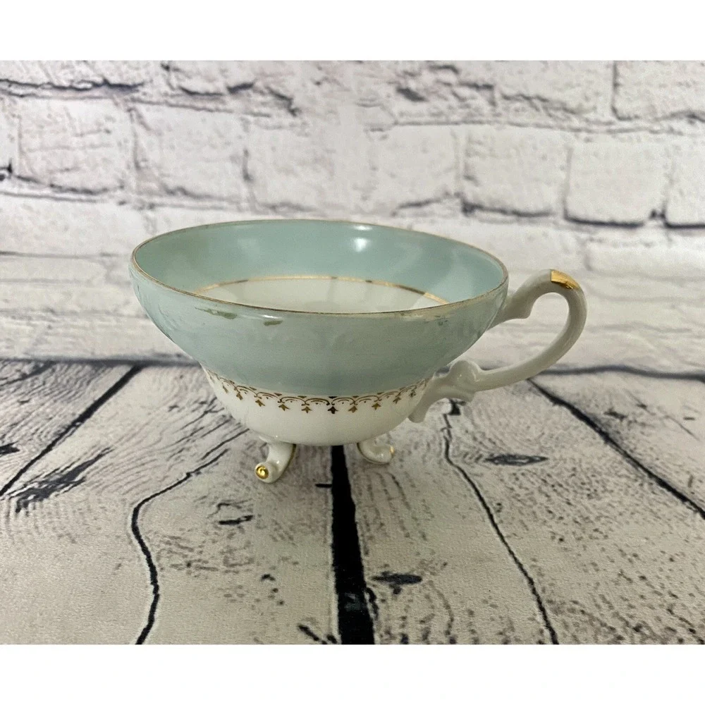 Vintage Hand Painted Rose Motif Japan Blue‎ Porcelain Teacup Gold Accents